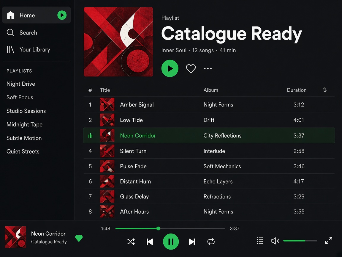 Spotify-like dark streaming player screenshot — Publish music only